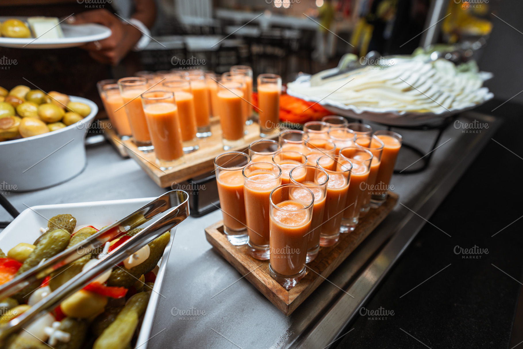 Gazpacho shots and pickles buffet, a Food & Drink Photo by SkyNext