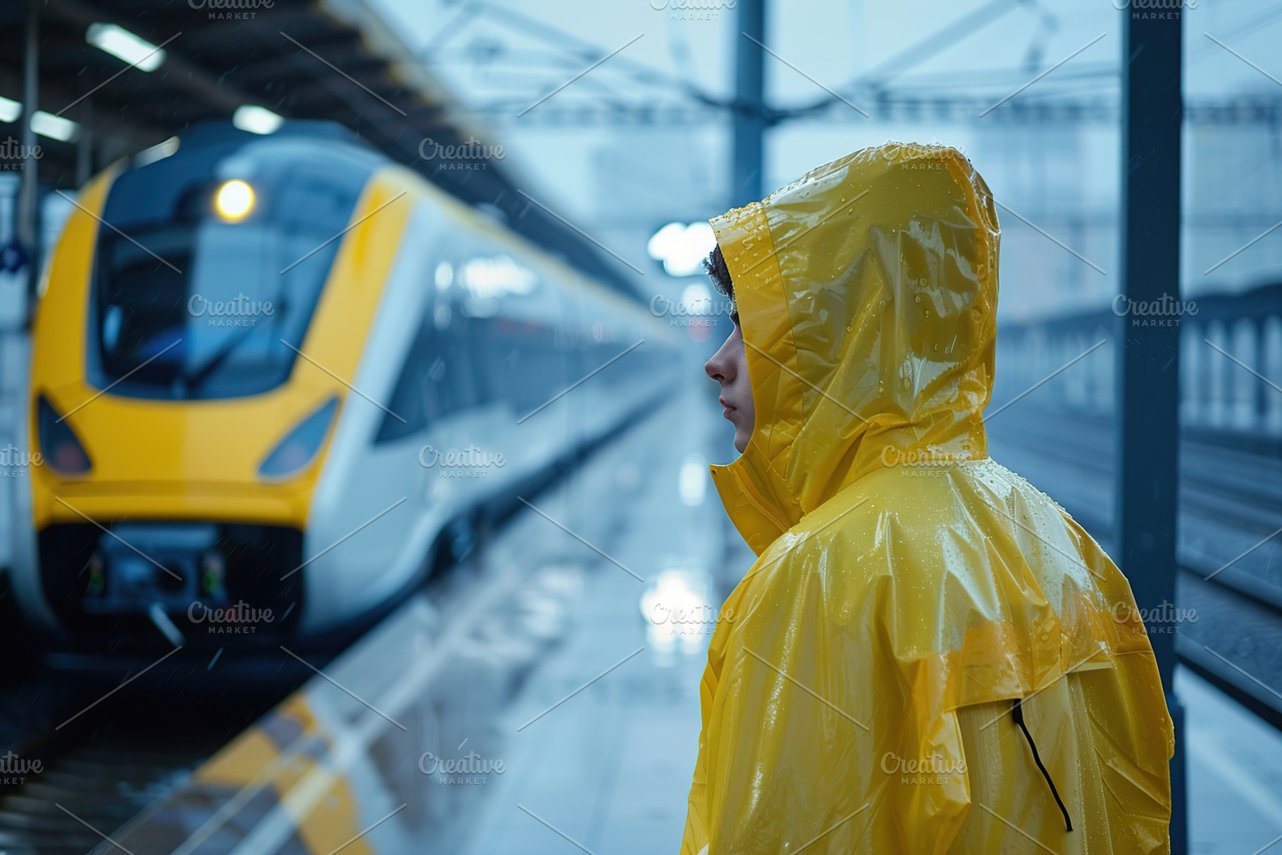 Man in raincoat standing at rail station platform waiting for a, a Photo by AlyaAnd