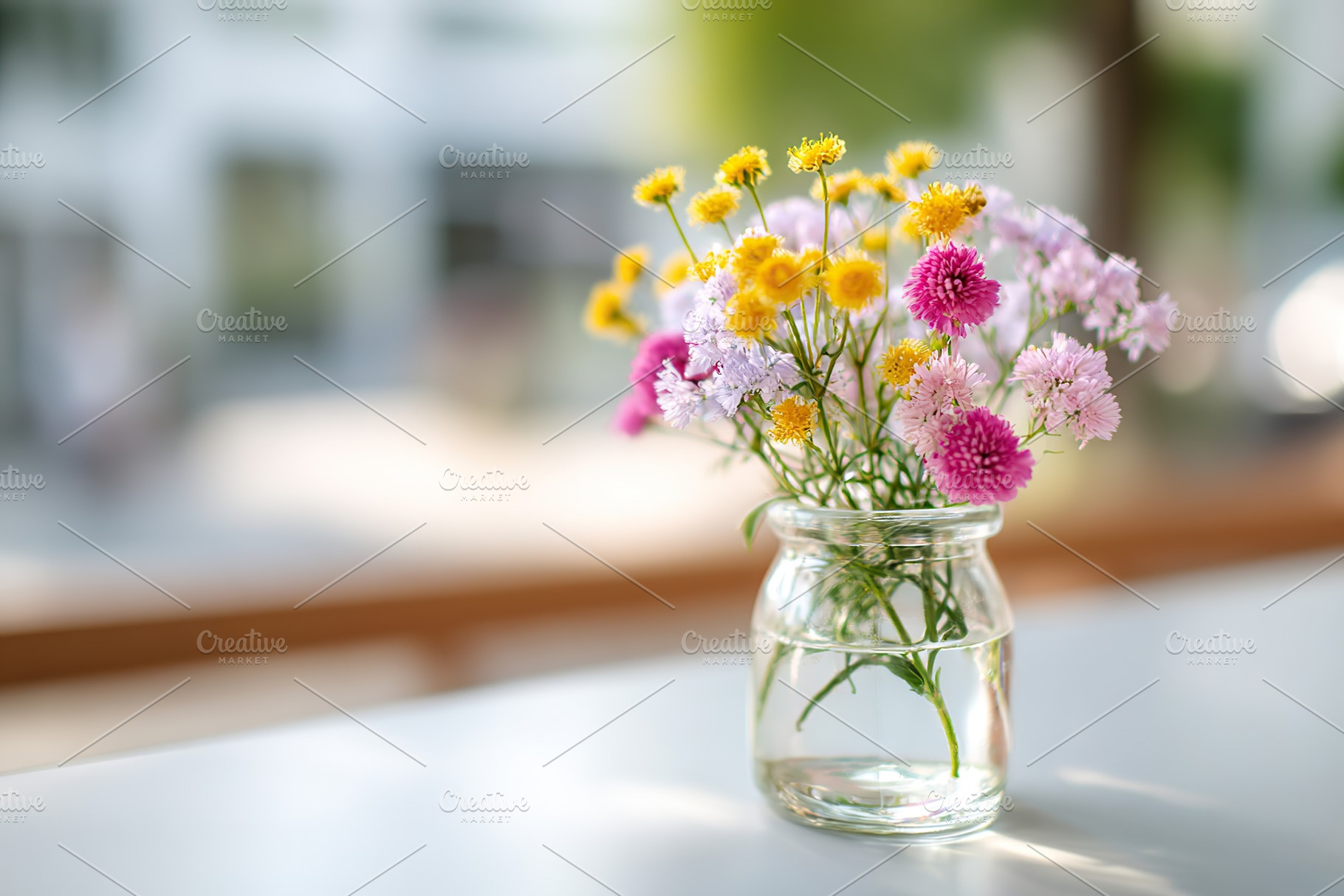 Colorful bouquet of fresh flowers in a glass jar on a table during daylight, a Photo by AlyaAnd