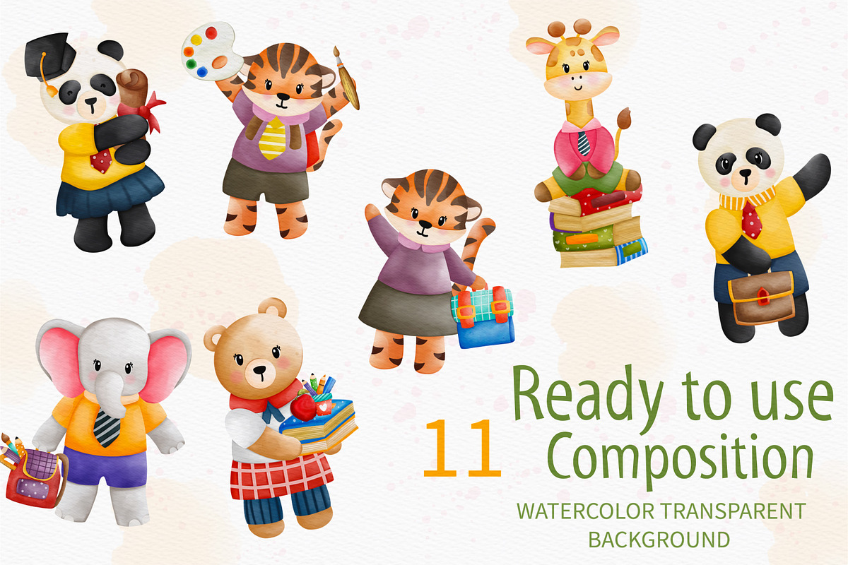 Watercolor Back to School and Animal, an Animal Illustration by Apixsala (Photo 2 of 12)