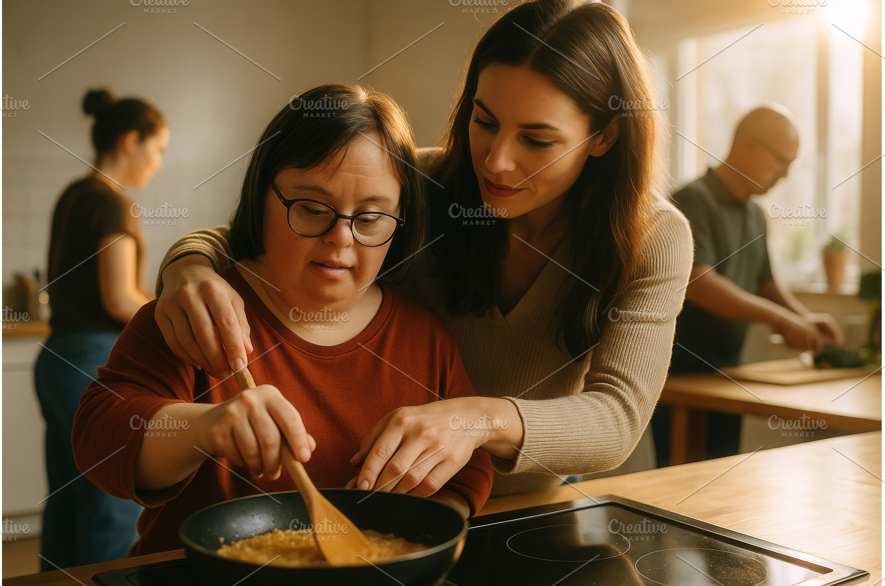 A woman assists a woman with Down, a Person Photo by Sergey Kotenev