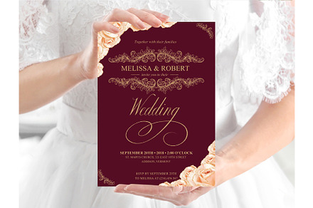 Rose Gold Roses Burgundy Invite