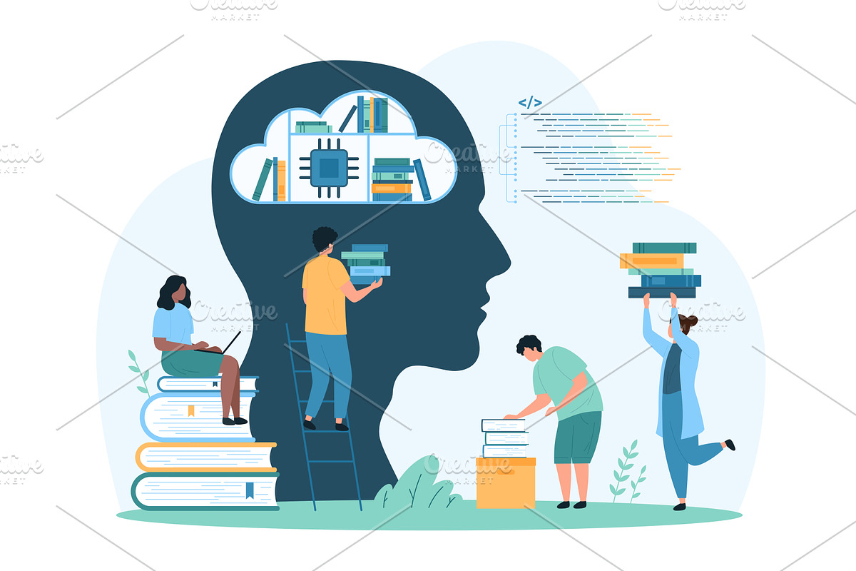 Digital library with AI, data file, a Technology Illustration by Flashvector
