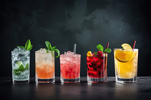 Different alcohol cocktails on grey background, a Food & Drink Photo by AlyaAnd