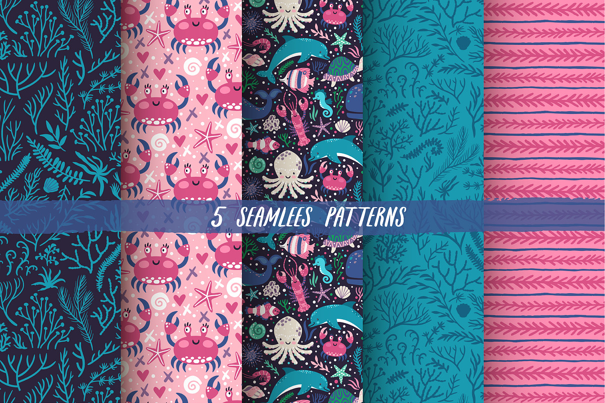 Cute sea animals and patterns, an Animal Illustration by MagicForestory (Photo 4 of 6)