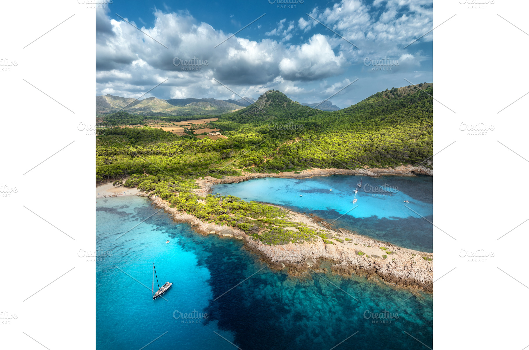 Aerial drone view of boats, rocky, a Nature Photo by den-belitsky