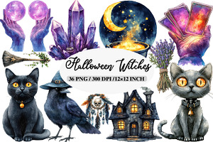 Watercolor Halloween Witches Clipart, an Illustration by Daily.Designs