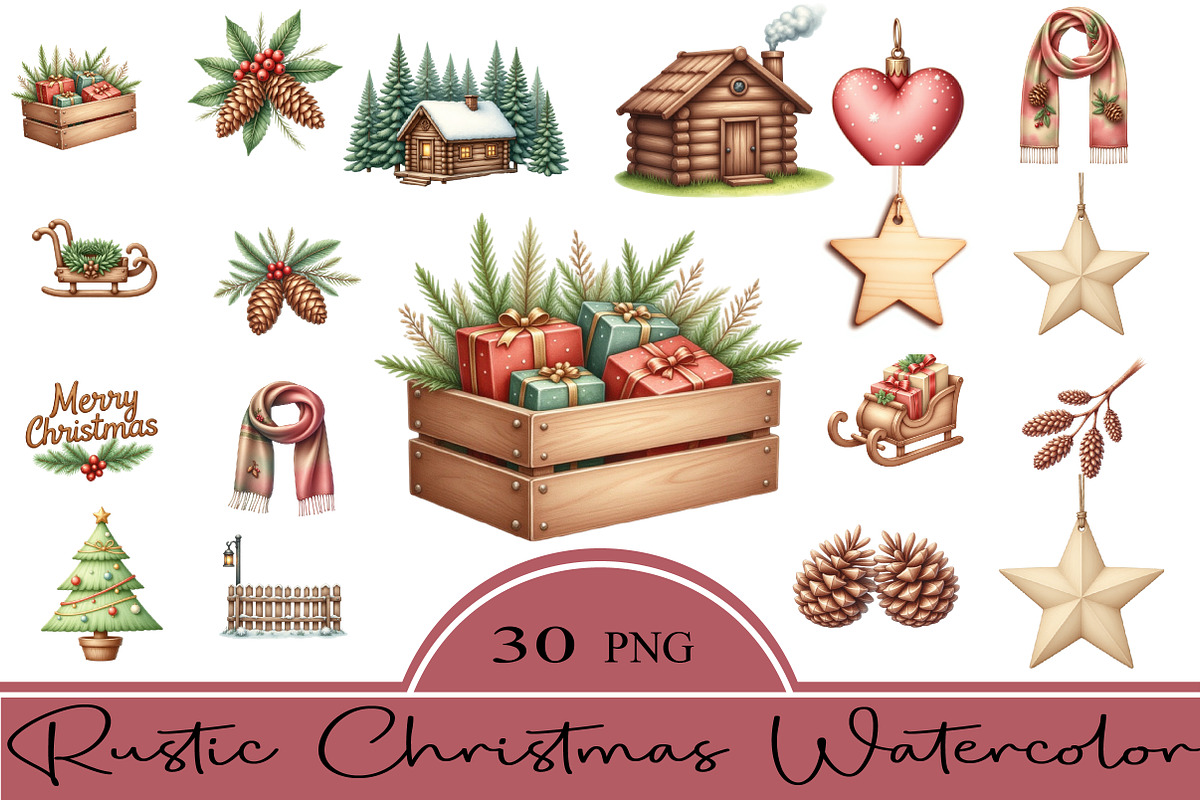 Rustic Christmas Watercolor Clipart, an Illustration by CrexoraLab (Photo 2 of 5)
