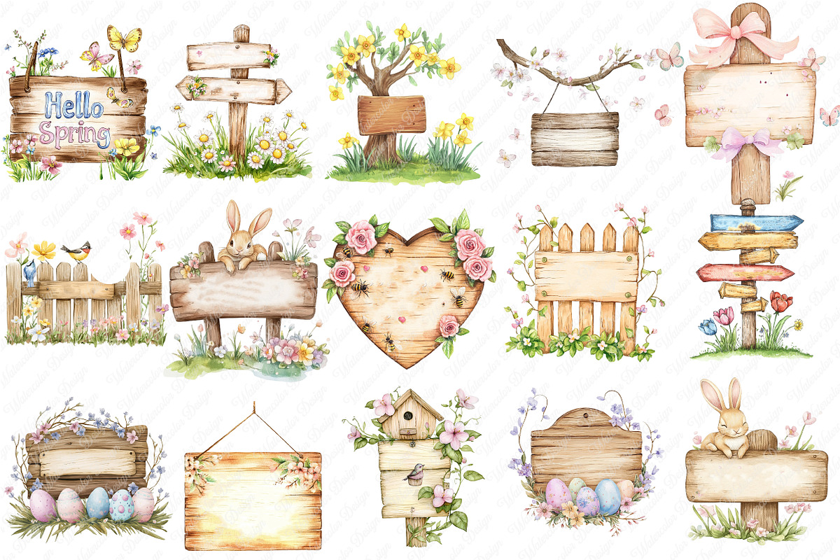 Spring Wooden Signs Clipart, an Illustration by Watercolor design (Photo 2 of 12)