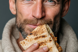 Man Enjoying a Fresh Piadina, a Food & Drink Photo by Virgo Studio