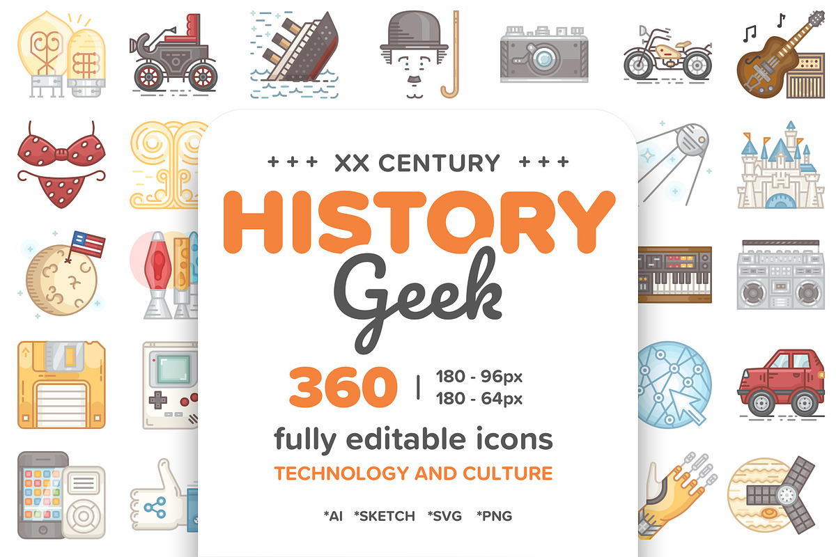 20 Century History.Color line Icons, an Outline Icon by Yeticrab (Photo 1 of 16)