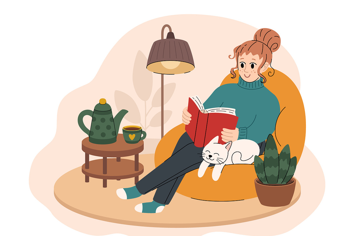 Woman reading book illustration., a Seasonal Illustration by Barsuk's Shop