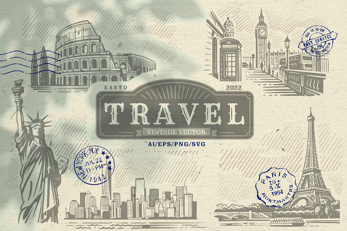 Vintage travel vector set., an Illustration by bioraven (Photo 1 of 12)