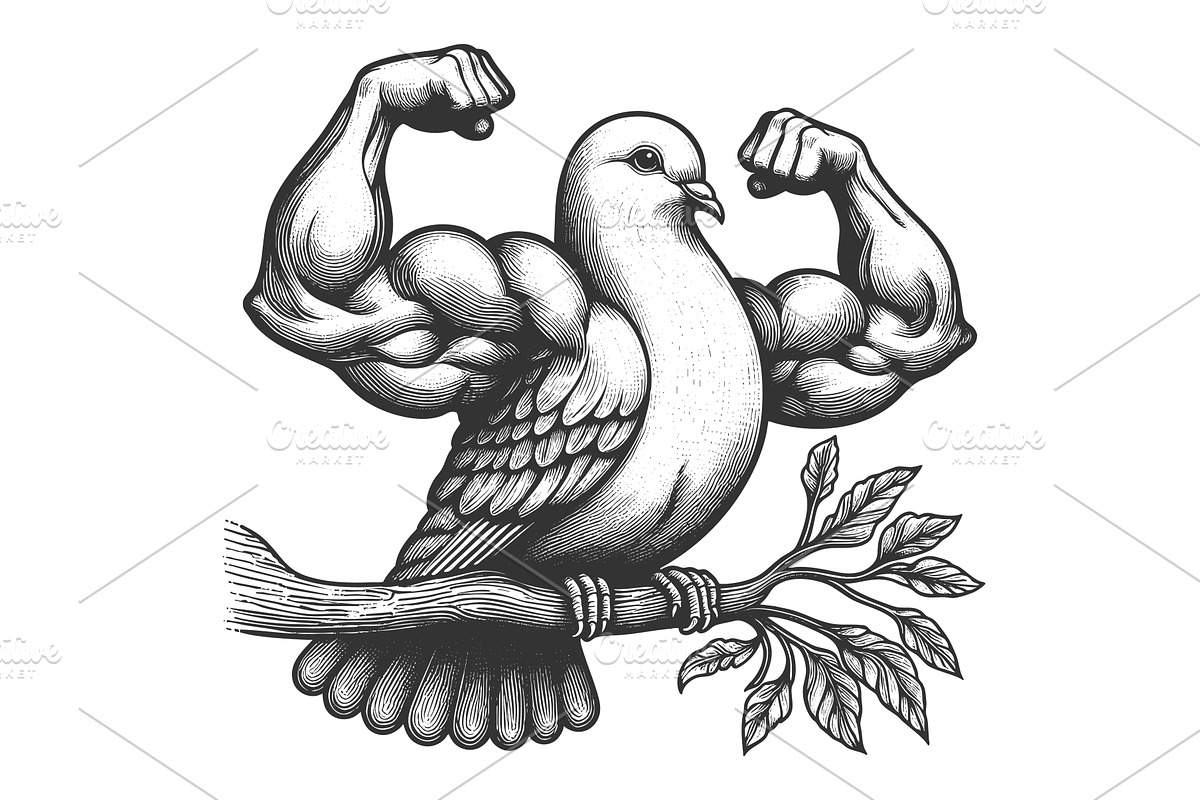 Muscular Dove Flexing on Tree Branch, an Animal Illustration by AlexArt