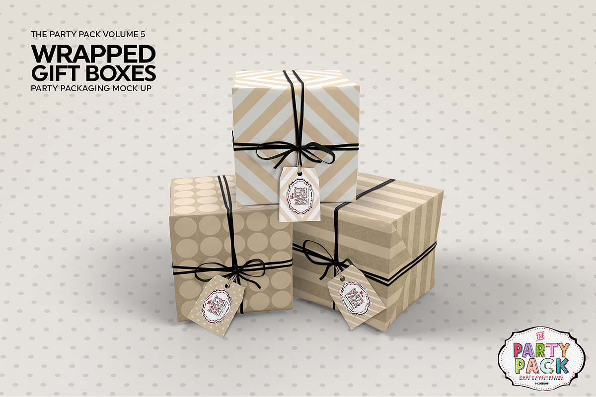 Wrapped Gift Boxes Packaging Mockup, a Packaging Mockup by INCDesign (Photo 5 of 7)