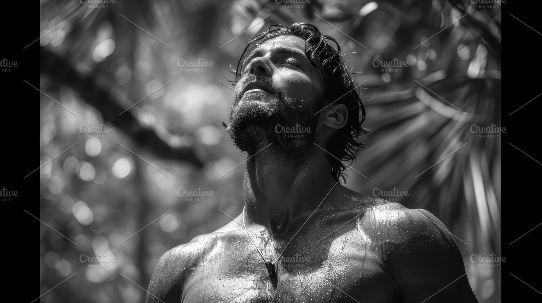 Shirtless Man Meditating in Sun-Dappled Forest, Eyes Closed in Serene Environme, a Photo by AS photostudio