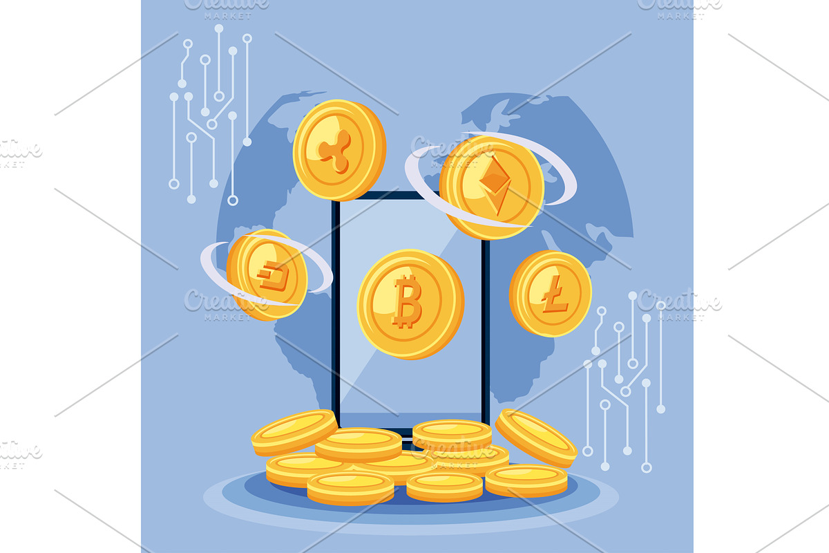 smartphone with crypto coins, a Finance Illustration by studiogstock
