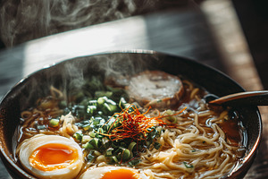Close up on a steaming bowl of ramen, a Food & Drink Photo by MistyDay