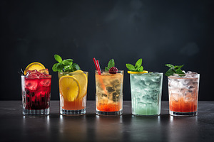 Different alcohol cocktails on grey background, a Food & Drink Photo by AlyaAnd