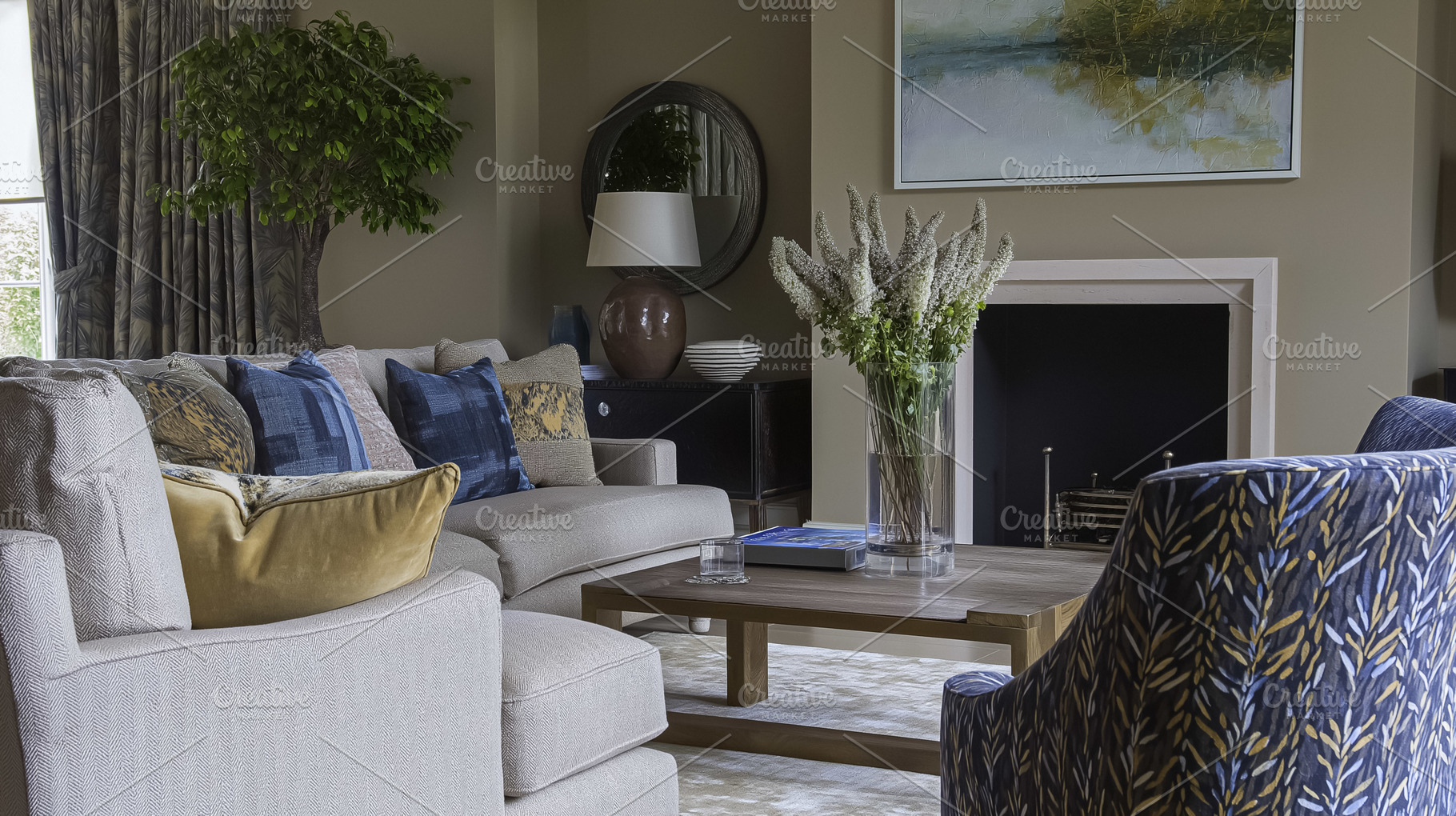 Contemporary living room interior design featuring a comfortable sofa, patterne, an Architecture Photo by Studio ANNA