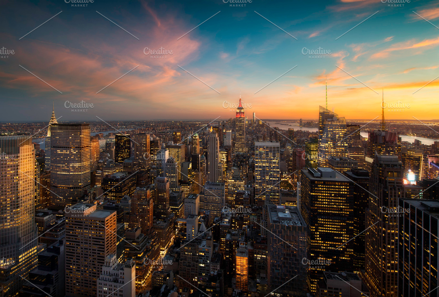 Colorful sunset over manhattan containing new, york, and manhattan, an Architecture Photo by inigocia