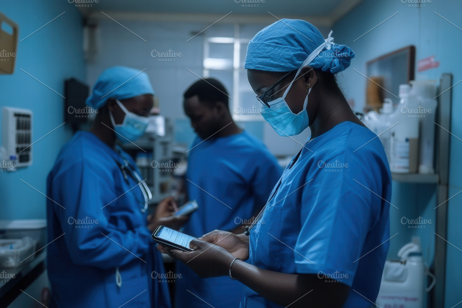 Medical professionals in blue scrubs, a Photo by Pavel_design
