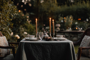 Outdoor evening table settings with candles, crystal glassware a, a Holiday Photo by Studio ANNA