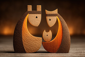 Minimalist wooden nativity scene with abstract carved figures of, a Holiday Photo by José Manuel Gelpi
