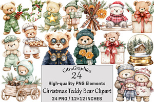 Christmas Teddy Bear Clipart, a Seasonal Illustration by CitraGraphics