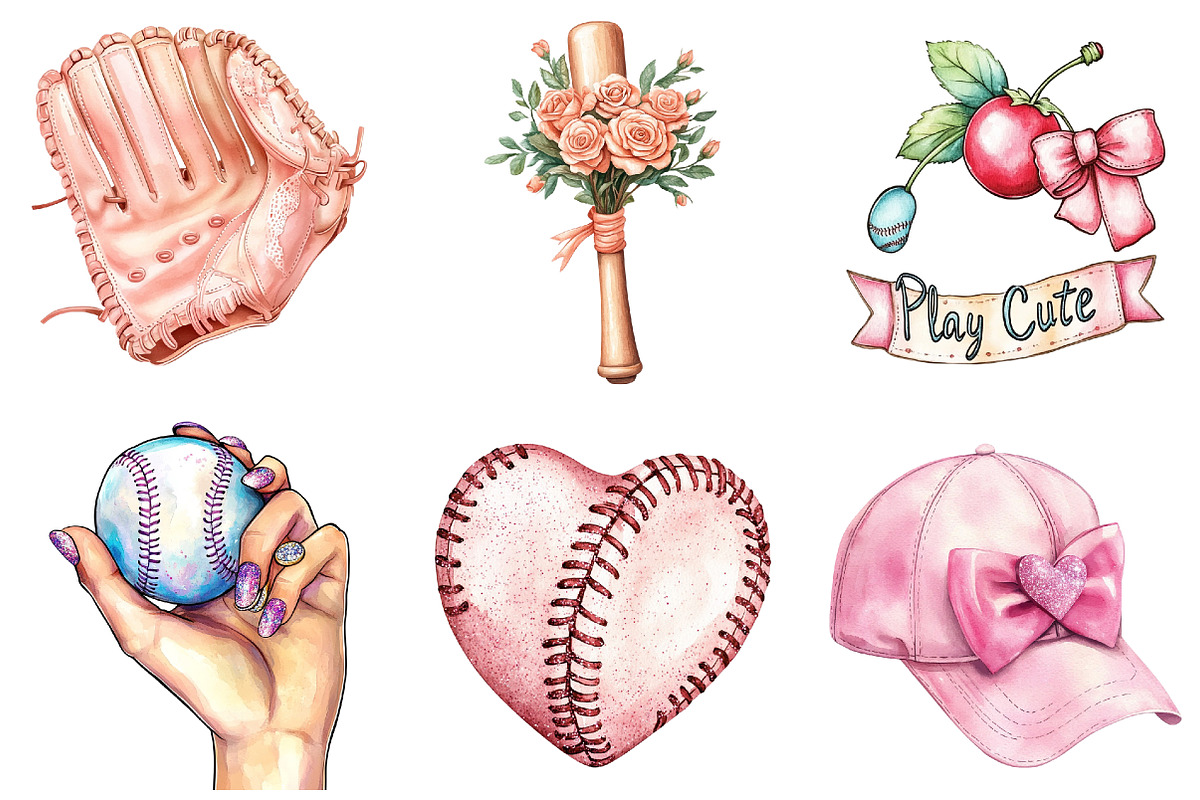 Retro Girly Baseball Clipart Sublima, an Illustration by Watercolor design (Photo 2 of 4)