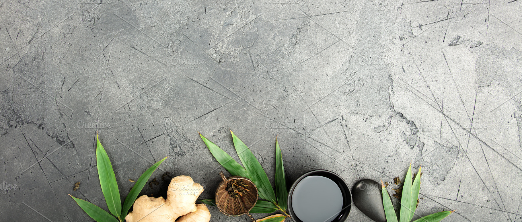 Asian Tea Set with Ginger and Green Leaves on Dark Stone Backgro, a Food & Drink Photo by Natalia Klenova's Shop