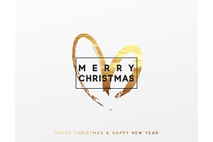 Christmas greeting card, heart in frame is painted with golden colors