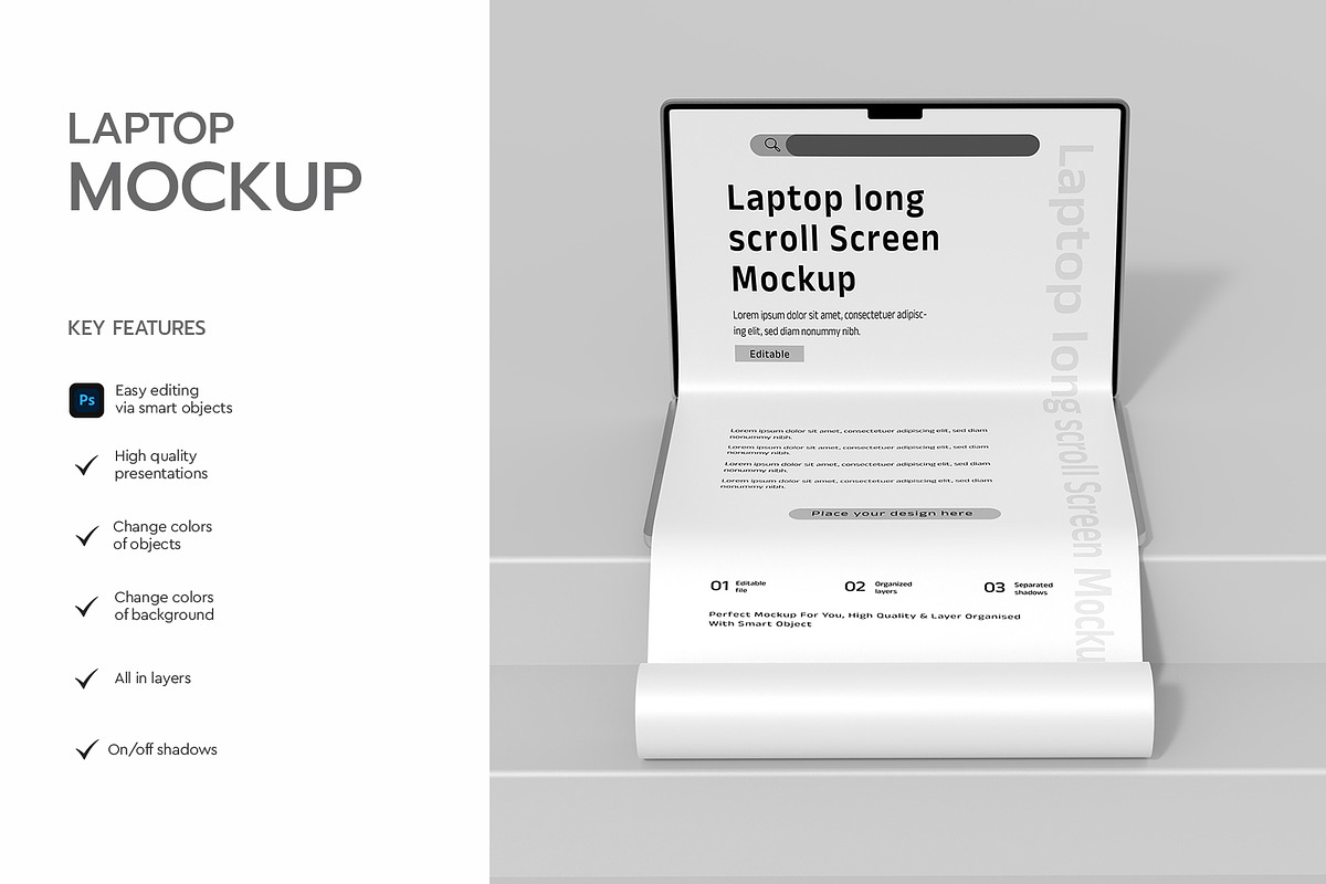 Laptop Long Scroll Screen Mockup PSD