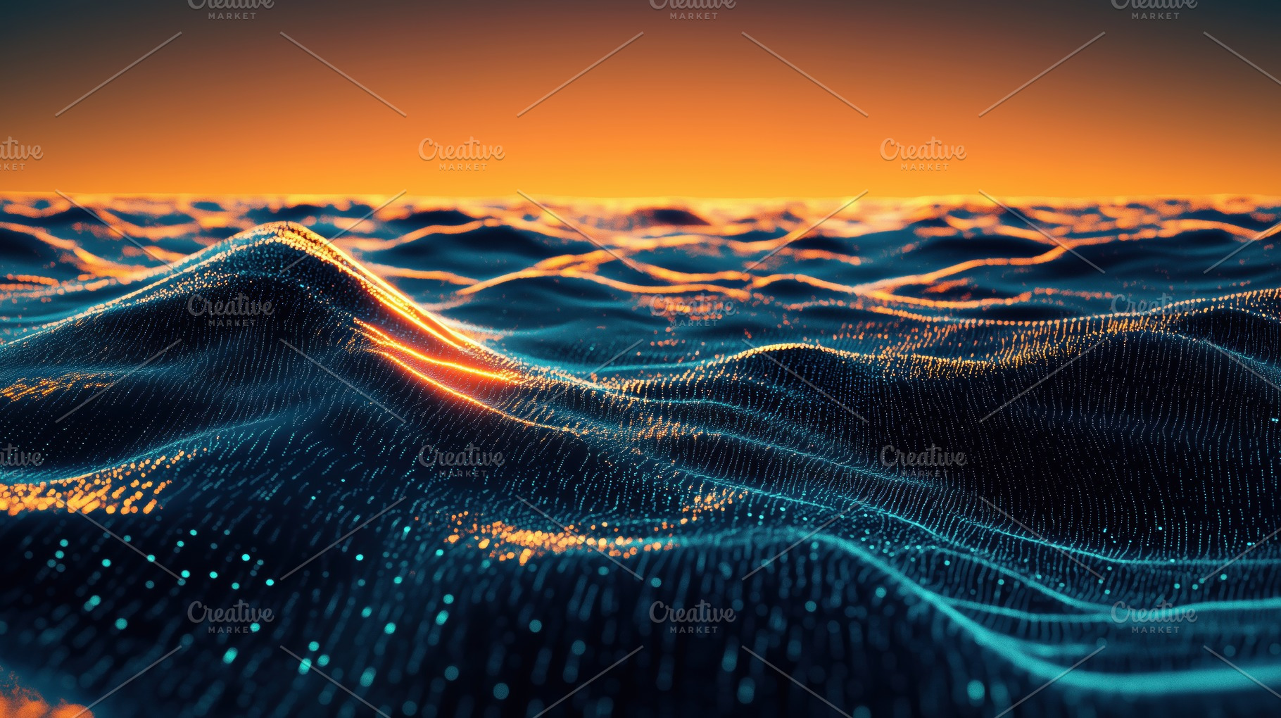 A digital representation of ocean waves with glowing particles, creating a mesm, a Photo by Textures & Backgrounds
