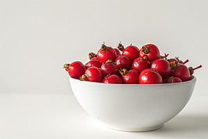 Red rose hip berries in bowl on white background, a Food & Drink Photo by AlyaAnd