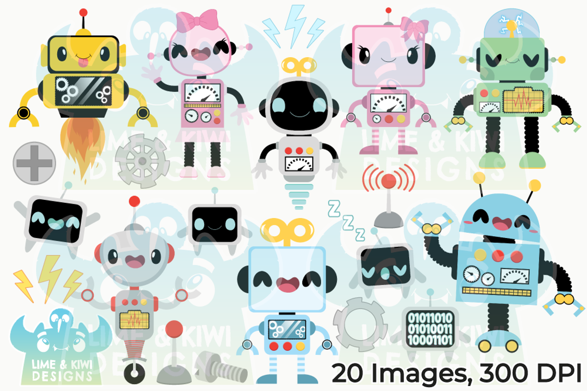 Robots Clipart, a Decorative Illustration by Lime & Kiwi Designs (Photo 2 of 2)