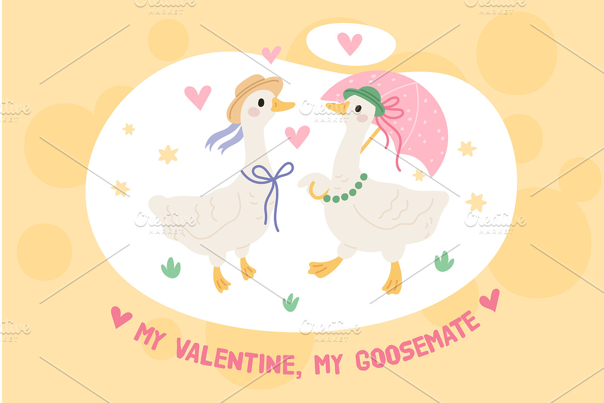 Geese couple in love. Cute romantic, an Animal Illustration by YummyBuum