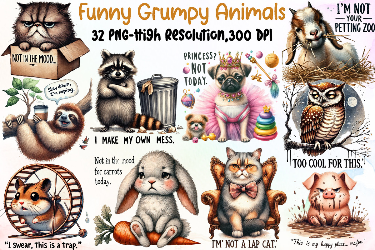 Funny Grumpy Animals Clipart Animal, an Illustration by Sublimation Artist (Photo 1 of 6)