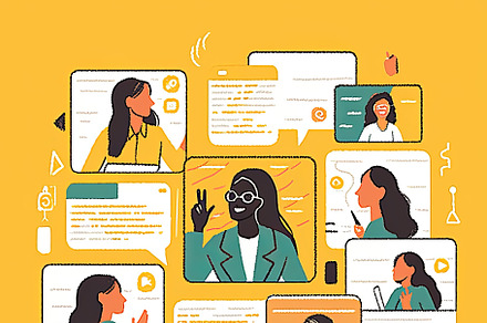 Back view of woman working on virtual team collaboration project remotely, an Illustration by AS photostudio