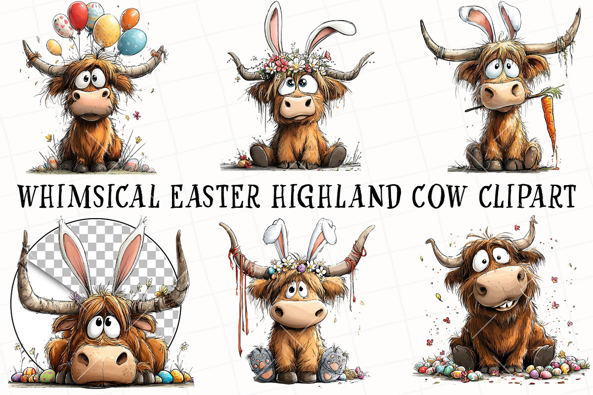 Whimsical Easter Highland Cow Clipar, an Illustration by OK Design (Photo 2 of 6)