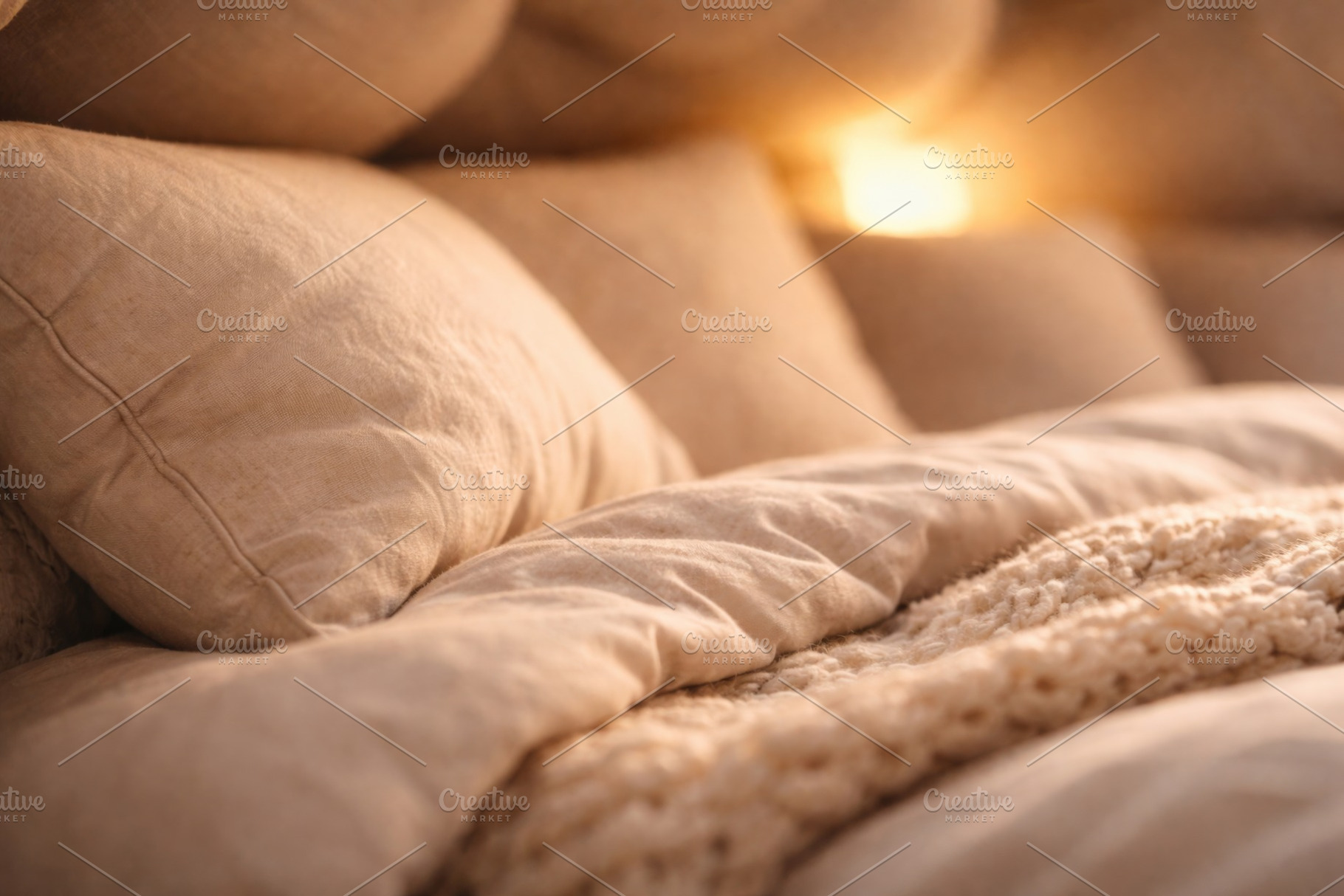 Cozy home bedding in warm light, con, a Photo by Dvoevnore photos