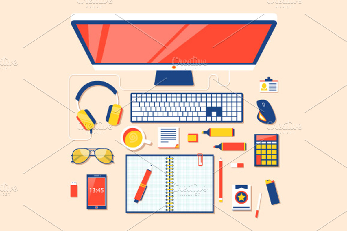 Flat Workspace Top View, a Technology Illustration by karnofff (Photo 2 of 4)