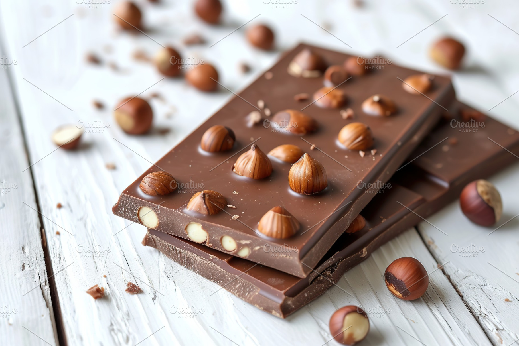 Sweet chocolate bar with hazelnuts on wooden background, a Food & Drink Photo by AlyaAnd