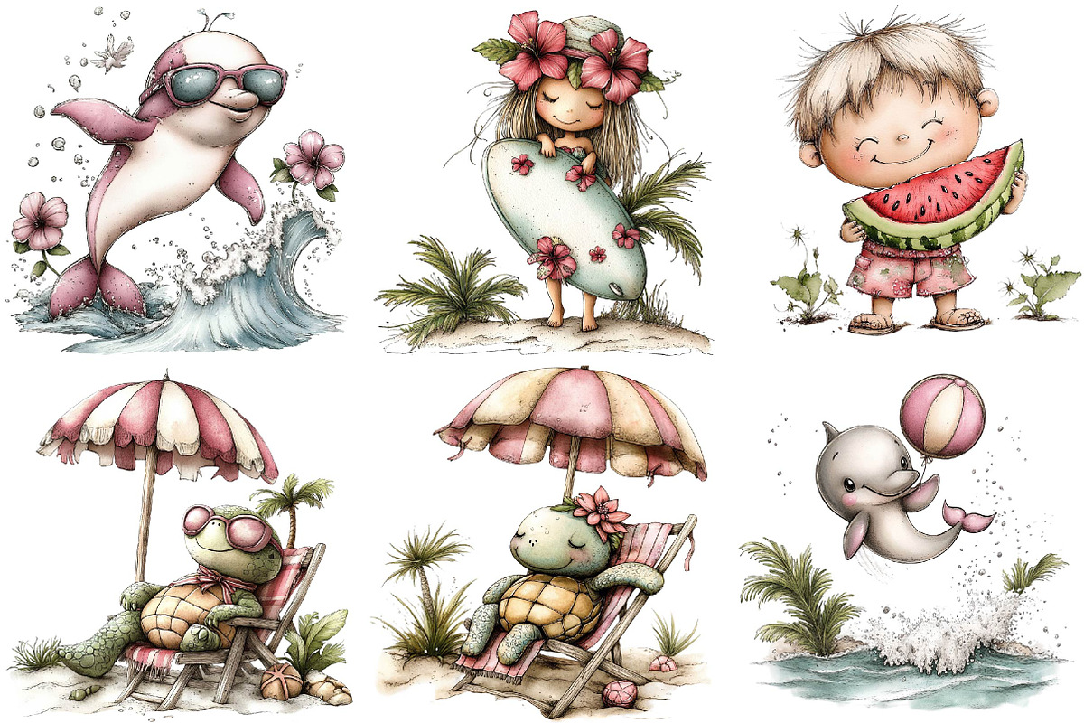 Whimsical Beach Animals & Kids Clipa, an Illustration by DreamPrint404 (Photo 4 of 6)