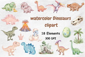 Watercolor Dinosaurs Clipart, an Animal Illustration by BerryPieArt
