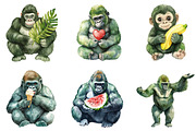 Watercolor Green Gorilla Collection, an Illustration by DreamArtGraphic (Thumbnail 4 of 5)