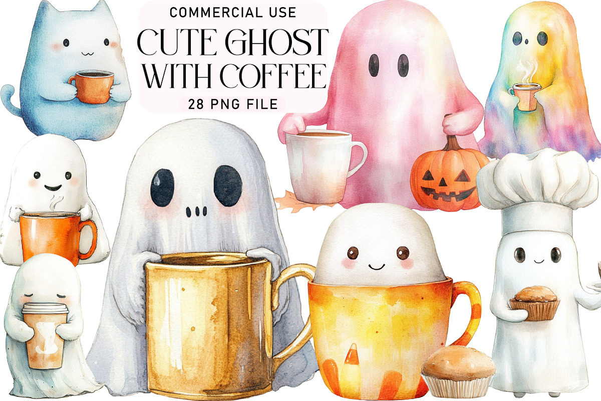 Cute Ghost with Coffee Clipart, an Illustration by Daily.Designs (Photo 1 of 2)