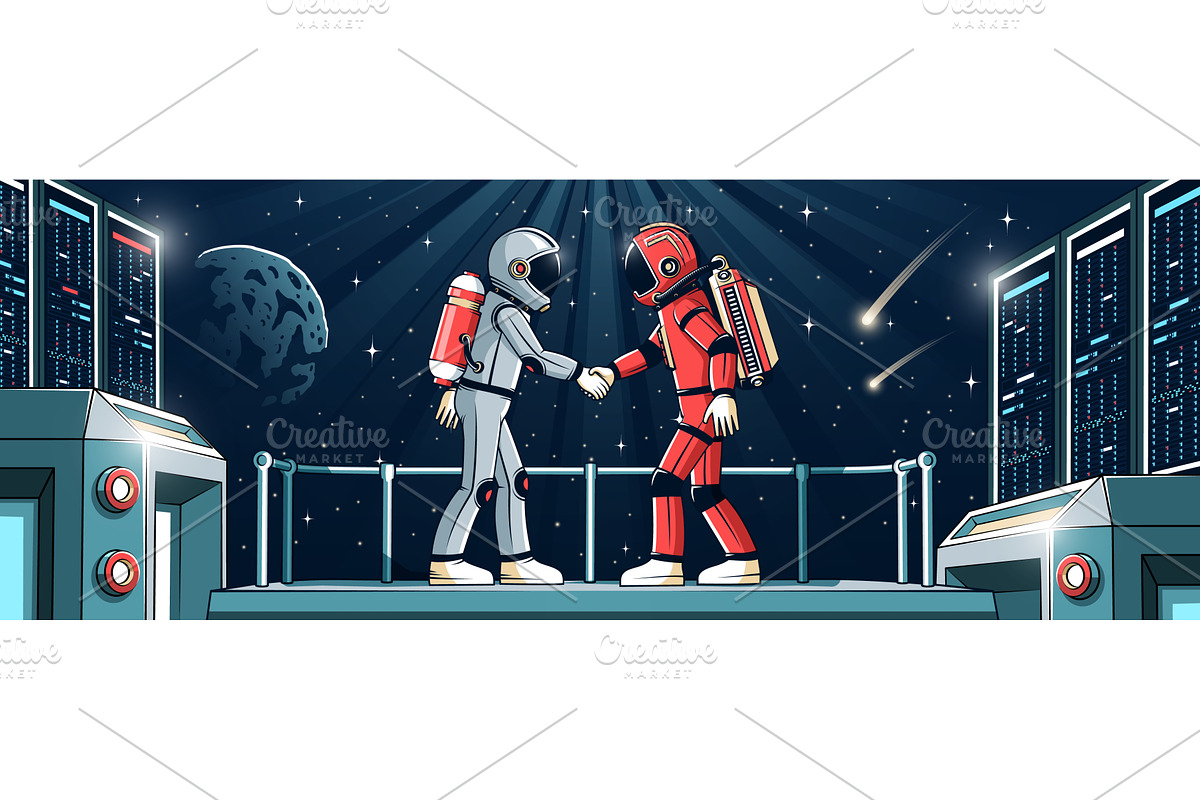 Astronauts Shaking Hands on Space, a Technology Illustration by Agor2012 shop