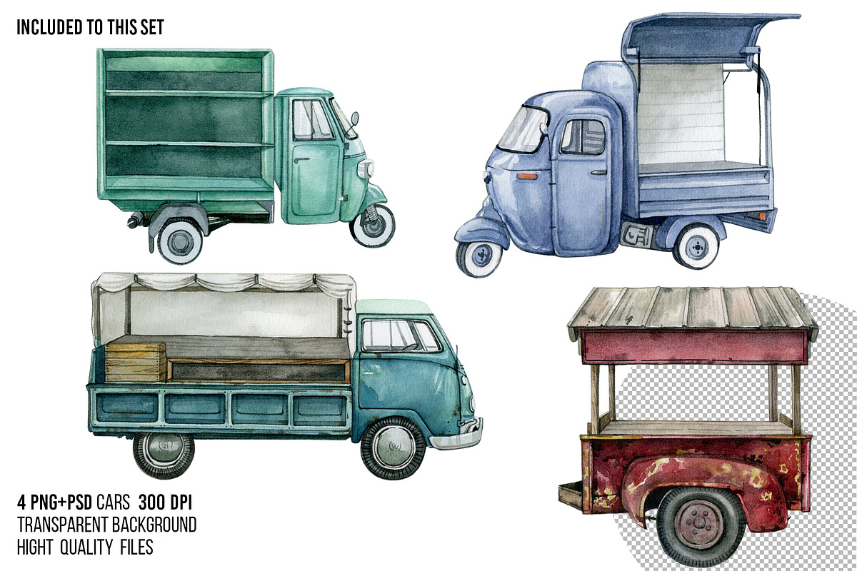 Watercolor farm food market car, a Transportation Illustration by yana.fefelova (Photo 2 of 4)