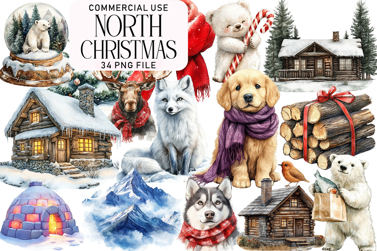 North Christmas Watercolor Clipart, an Illustration by Daily.Designs (Photo 1 of 3)